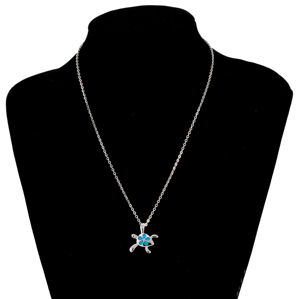 Green Sea Turtle Plumeria Ocean Blue Fire Opal Silver Jewelry Necklace Pendant