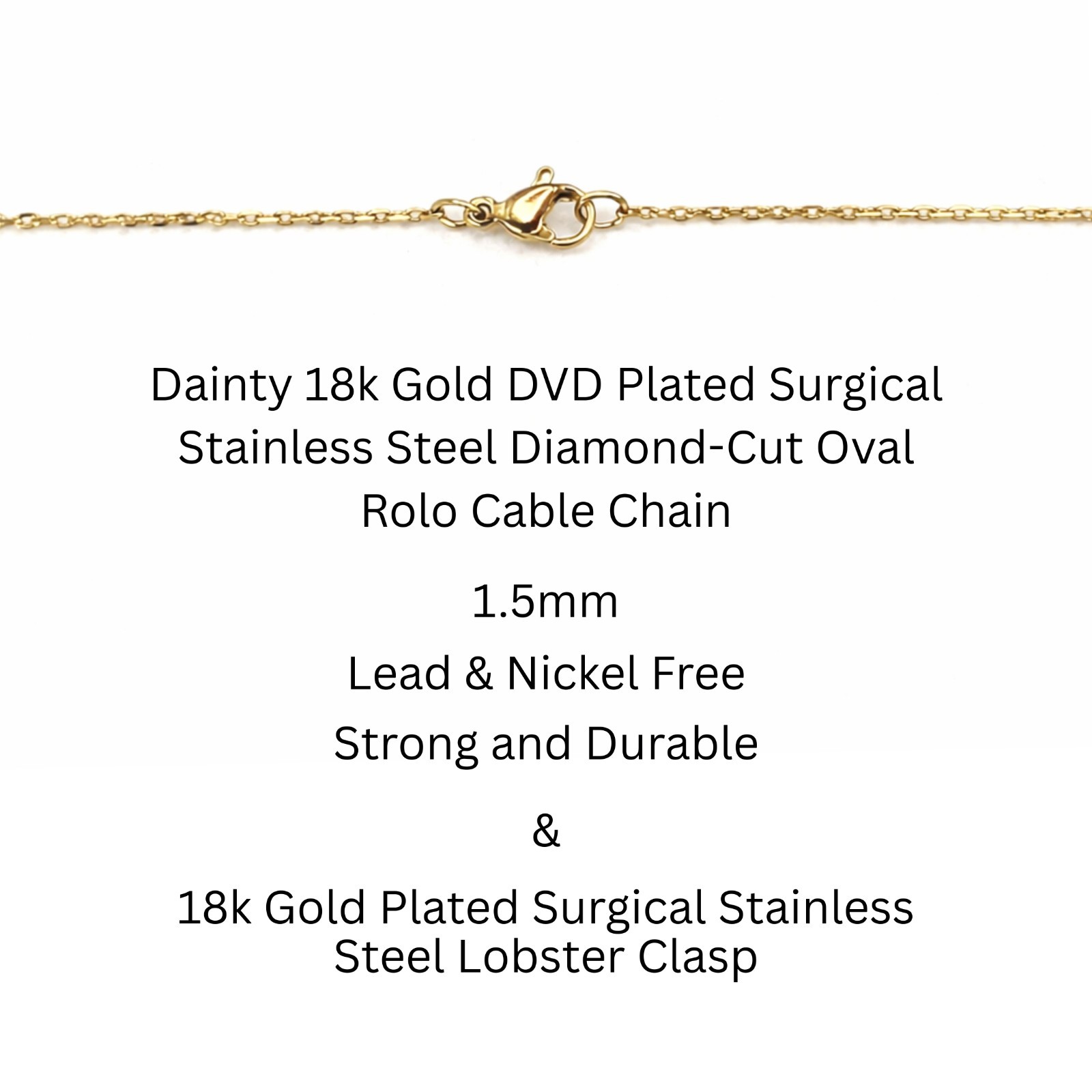 18k Gold Plated Surgical Stainless Steel Diamond-Cut Oval Rolo Chain Necklace
