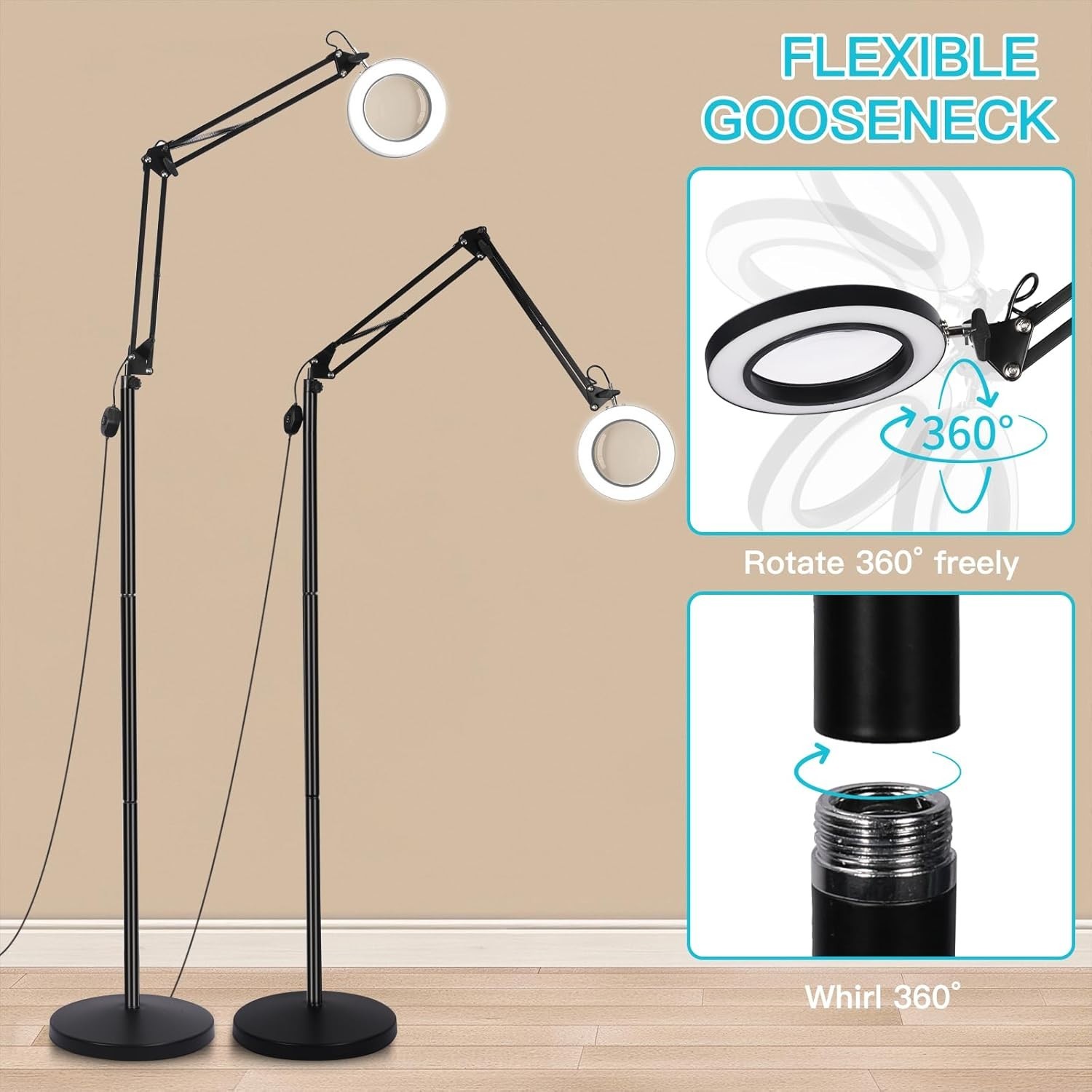 ZABOUL 10X Magnifying Floor Lamp, 3-in-1 Hands Free Magnifying Glass with Light