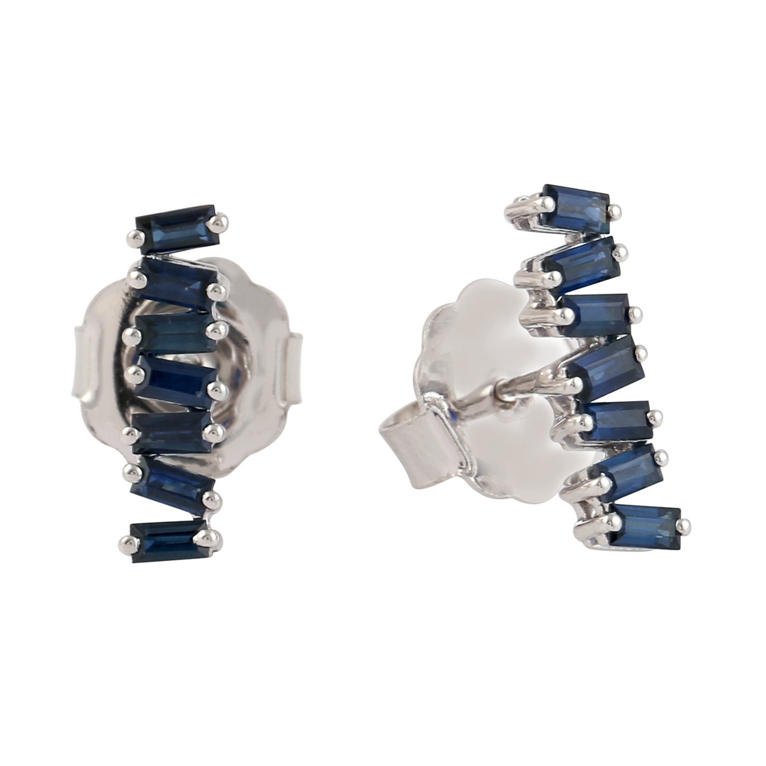 18k White Gold Genuine Blue Sapphire Baguette Designer Stud Earrings Jewelry
