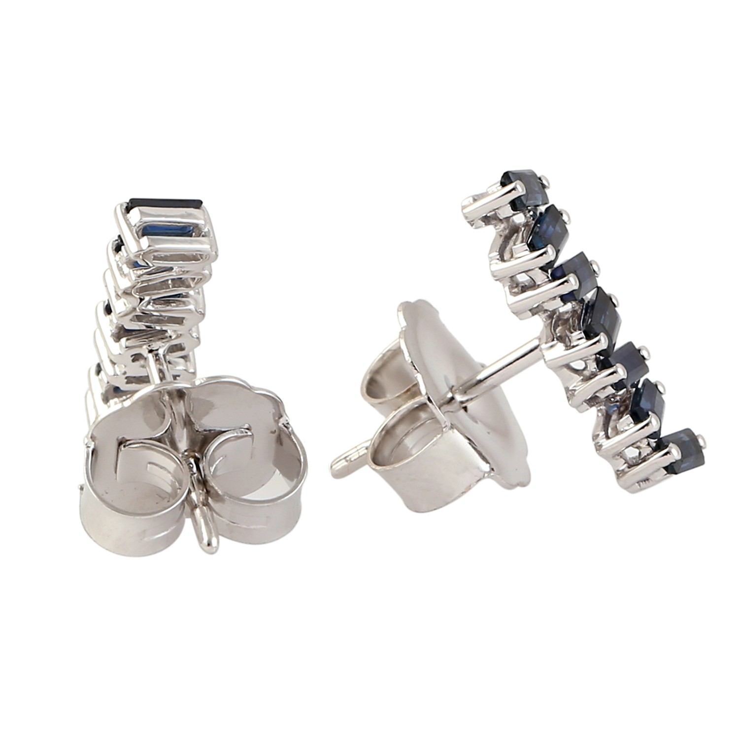 18k White Gold Genuine Blue Sapphire Baguette Designer Stud Earrings Jewelry