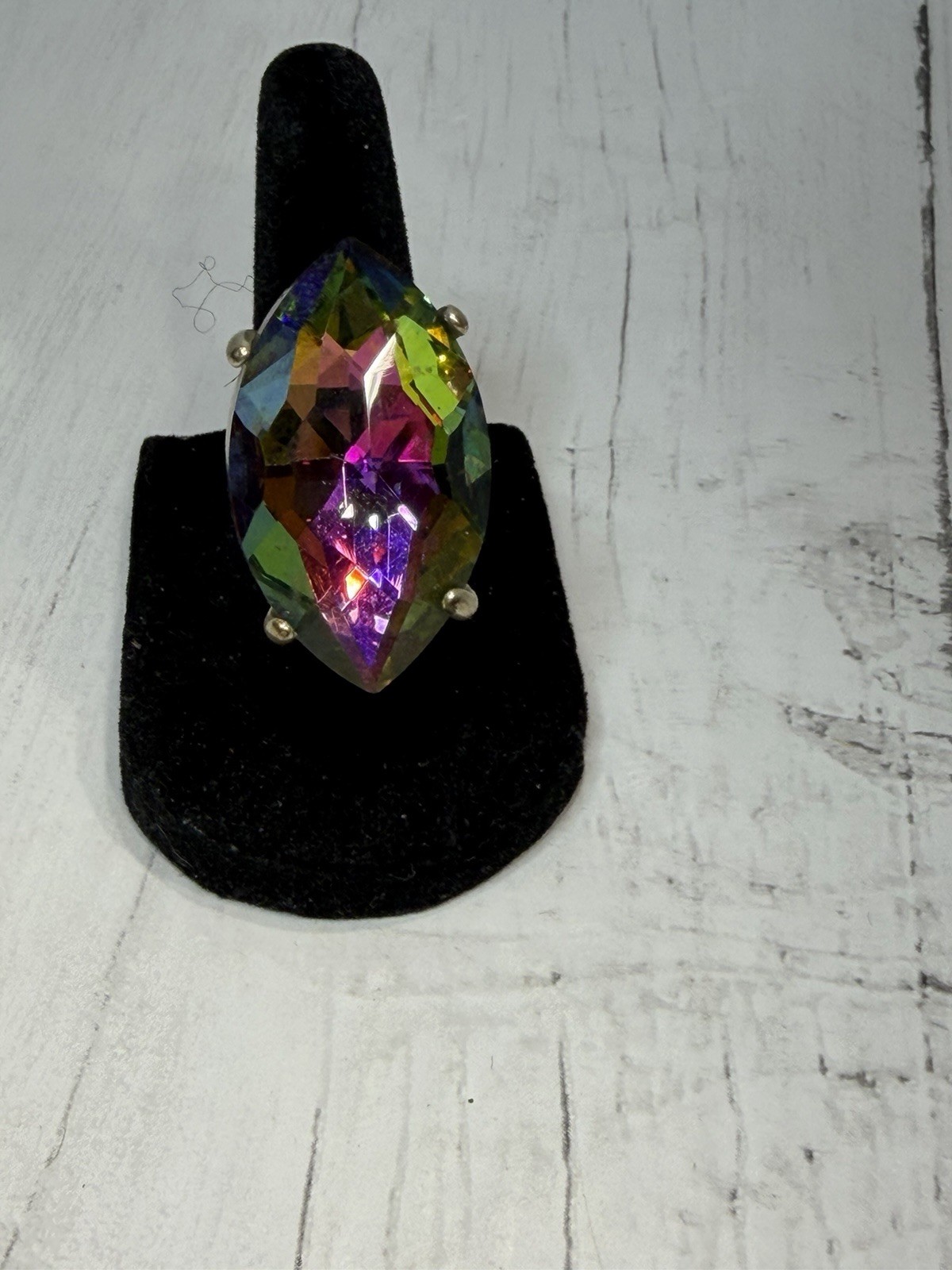 Large Rainbow Foil Backed Crystal Pear Cut Silver Tone Statement Ring Size 5