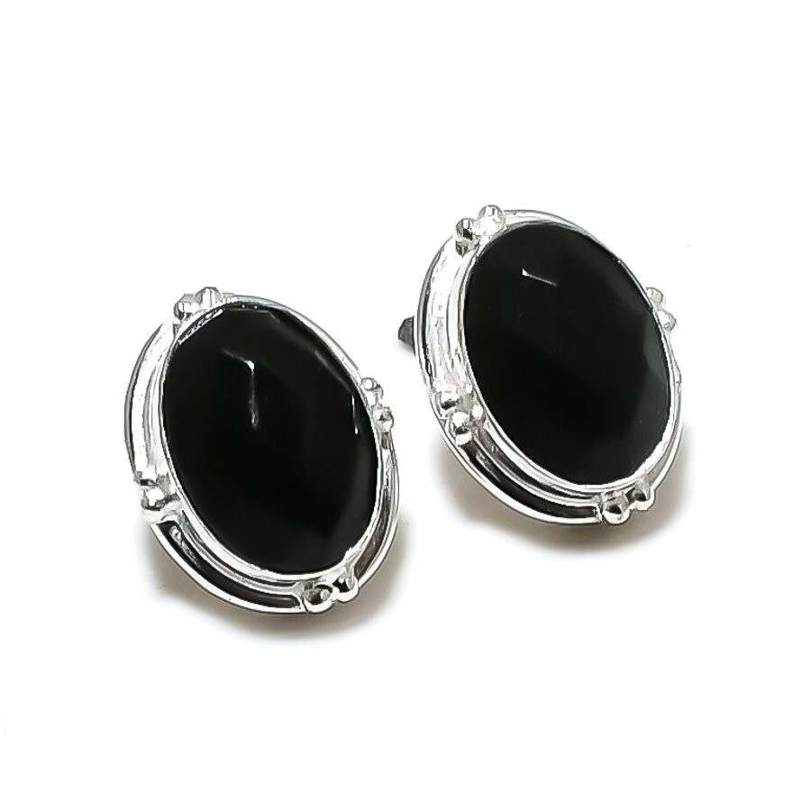 Black Spinel Gemstone Handmade 925 Starling Silver Jewelry Stud Earring Sz 0.75″
