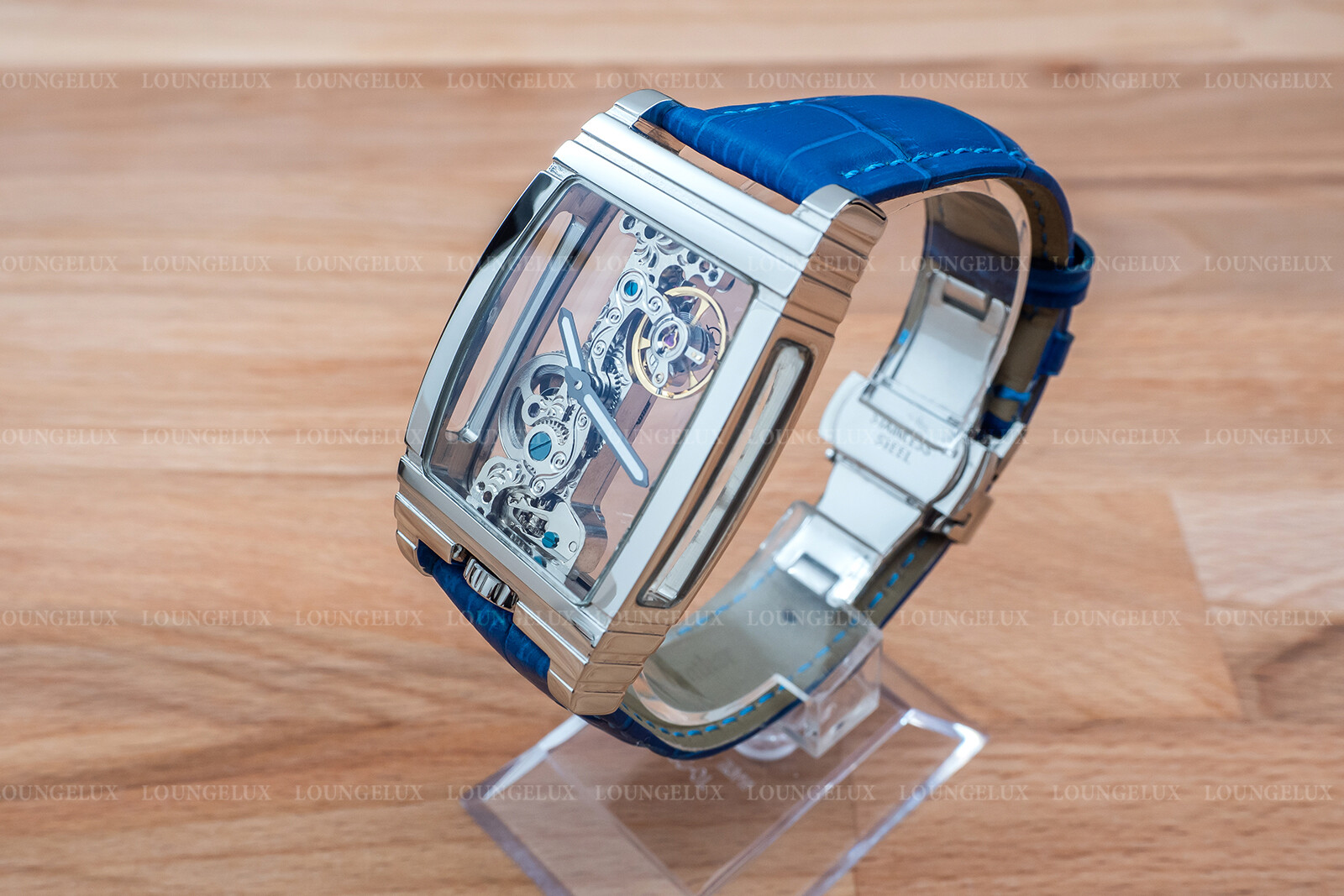 Mens Silver Bridge Manual Mechanical Watch – Blue Leather Strap Gift