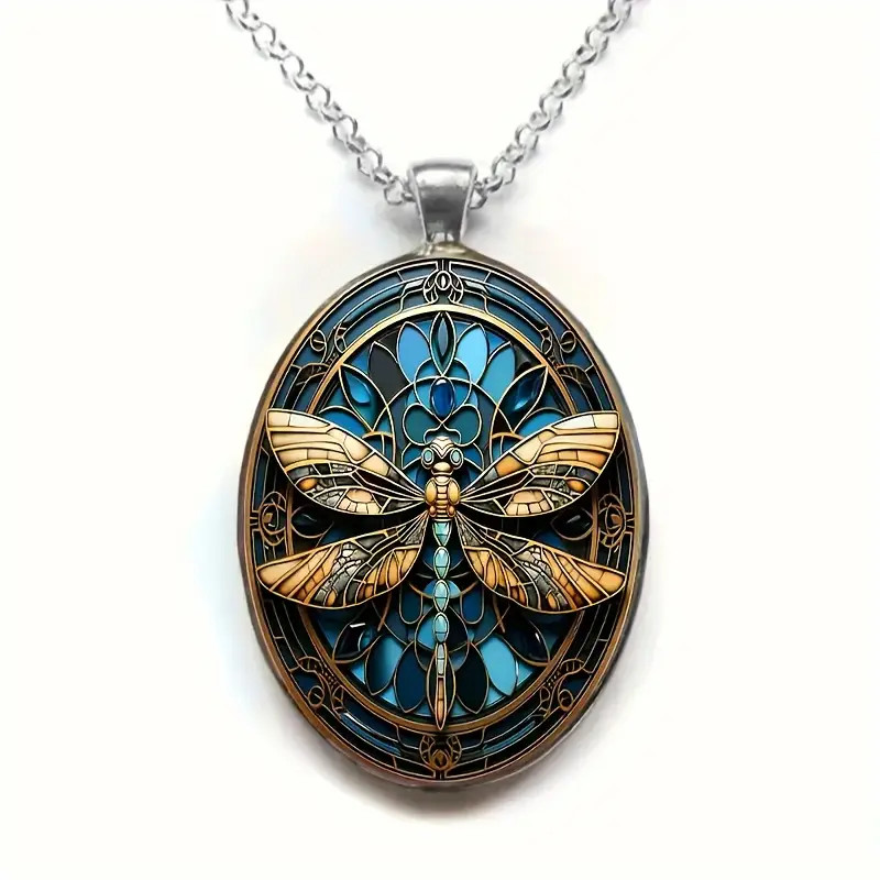 Dragonfly Necklace Oval Jewelry Vintage Silvery Magical Gothic Pendant A