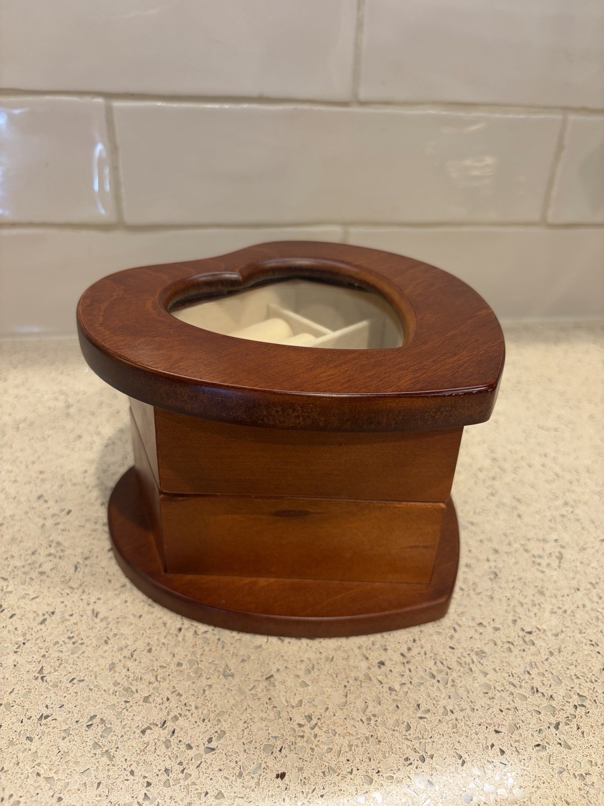 Heart Shaped Wooden Jewelry Box w/ Glass Lid, Velvet Lined Interior