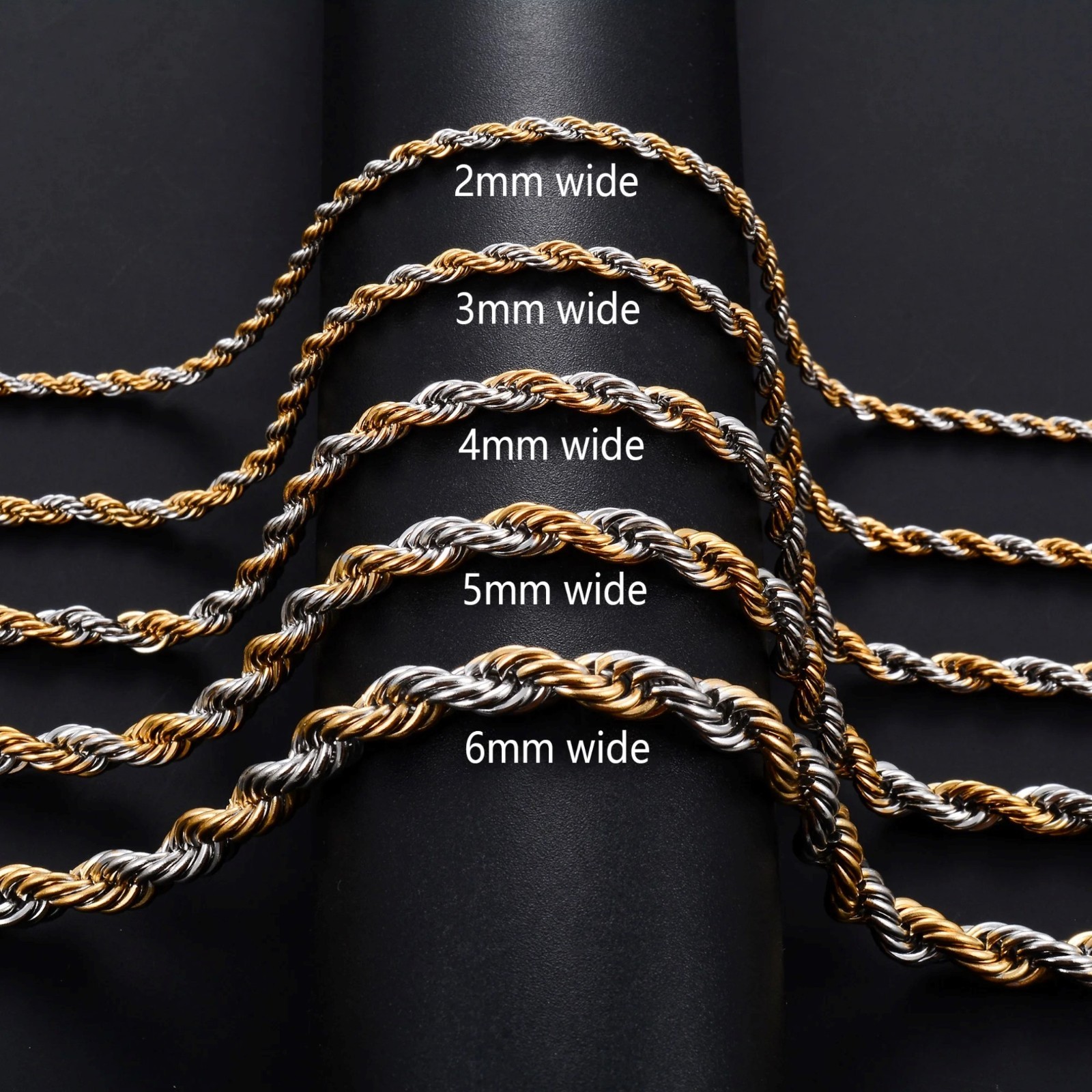 Rope chain necklace for men and women, stainless steel, 16/ 30 in, 2/3/4/5/6mm