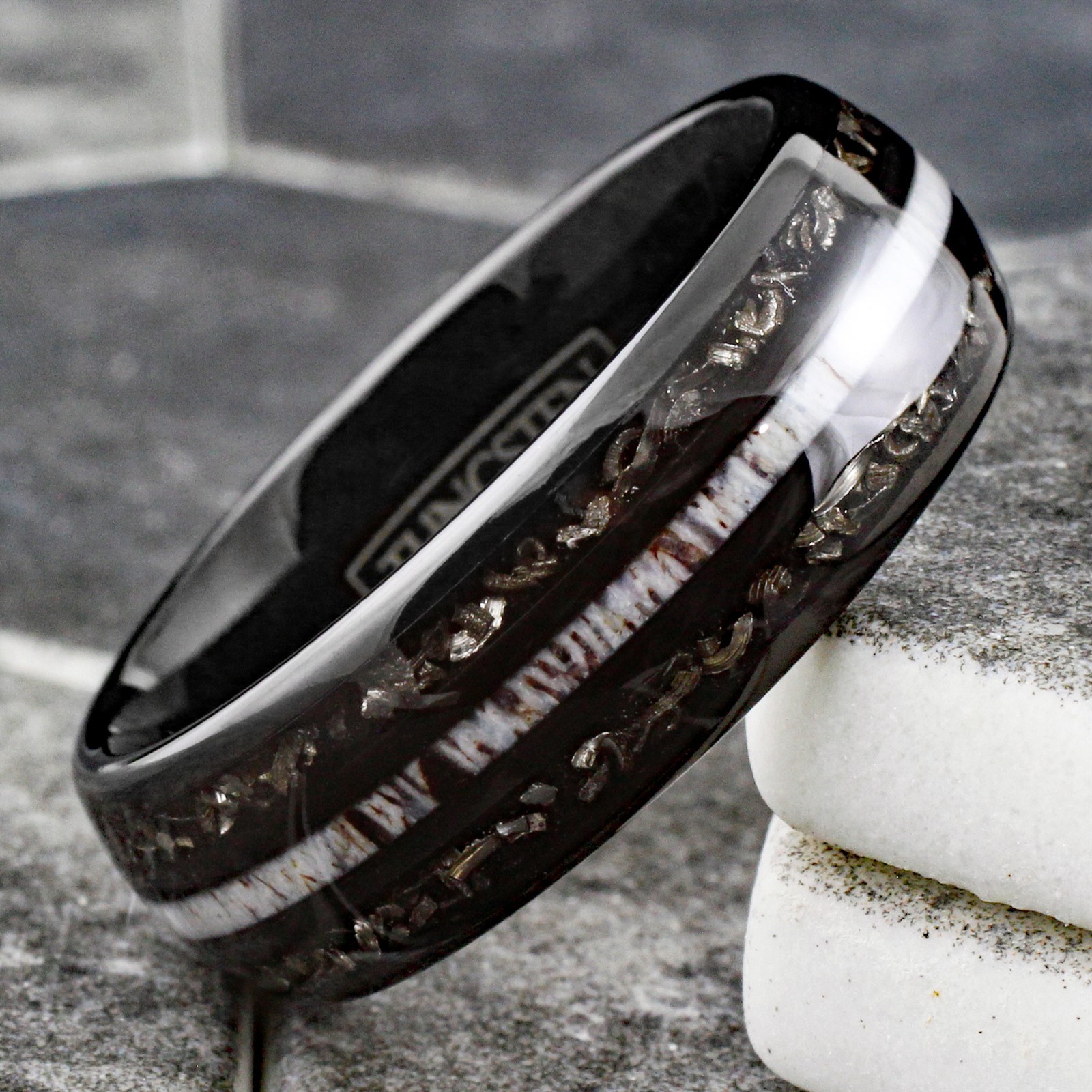 Black Tungsten Carbide Men’s Ring w/ Deer Antler & Meteorite Wedding Band