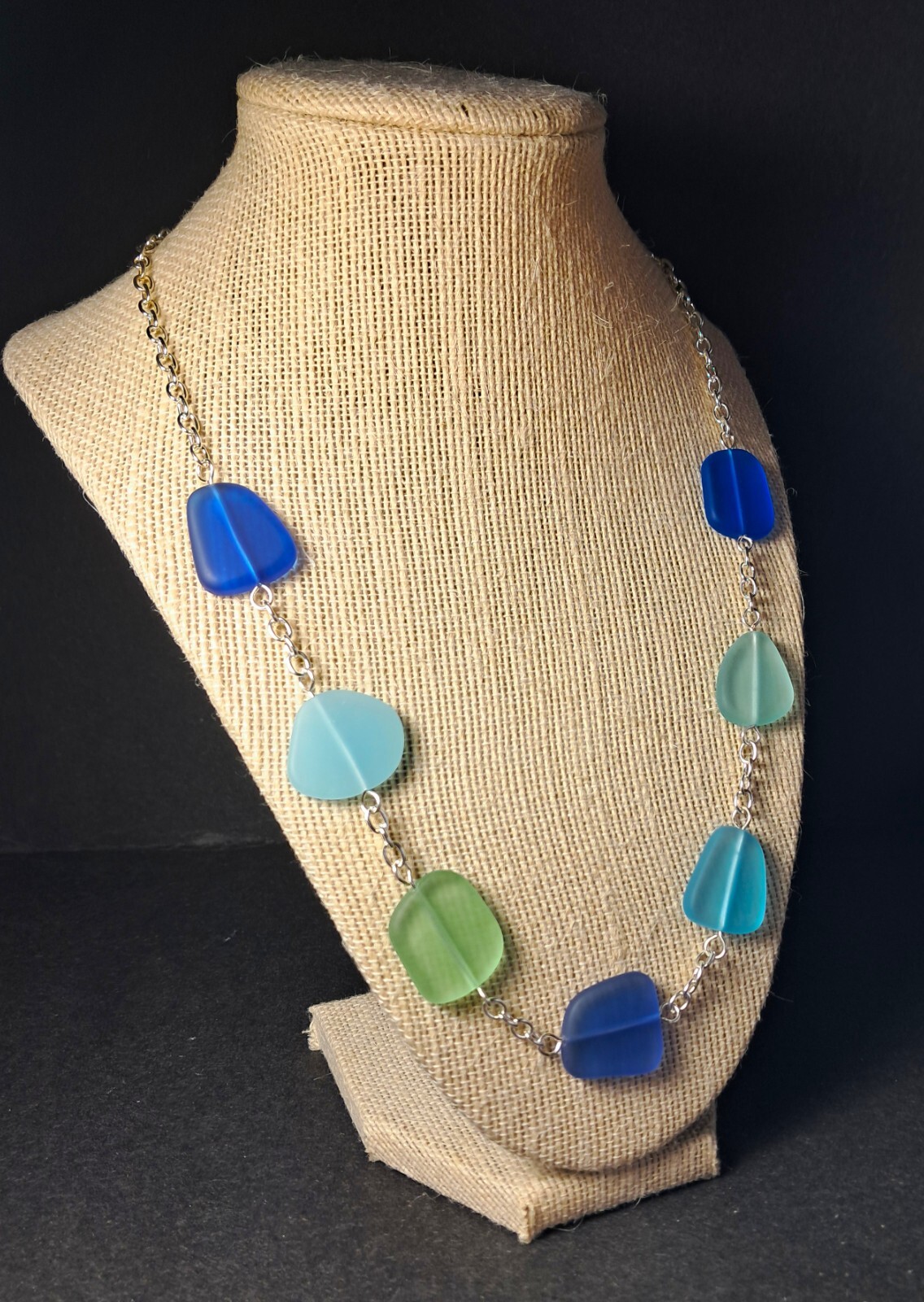 OCEAN BLUES and GREENS cultured sea glass jewelry 22″ necklace.
