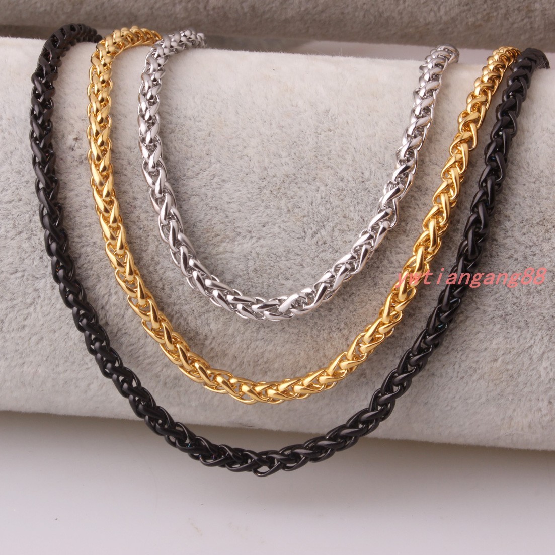Braided Wheat Link 3-6MM Mens Chain Silver/Gold/Black Stainless Steel Necklace