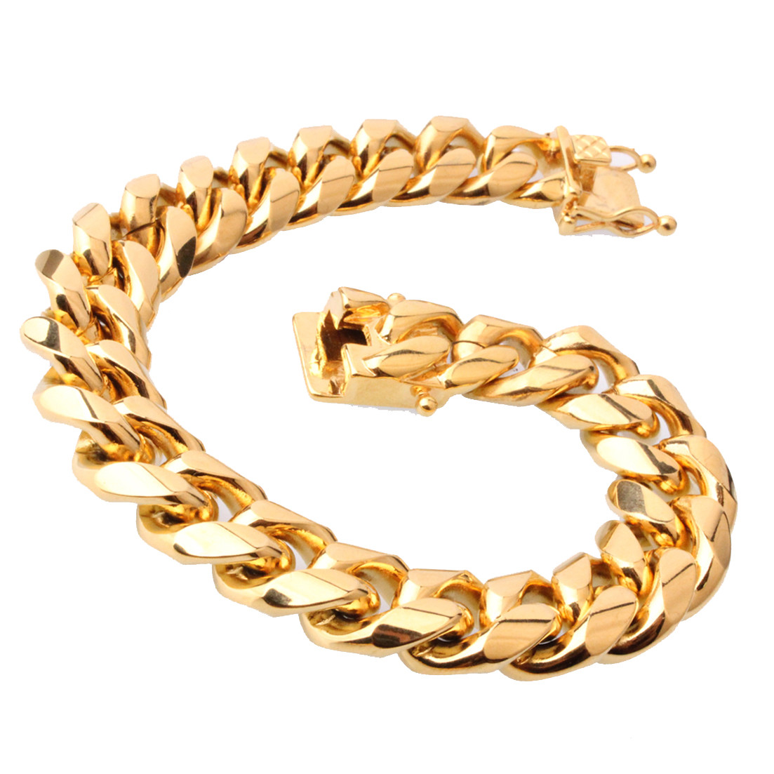 16mm30in Men Cuban Miami Link Bracelet Chain Set 14k Gold Plated StainlessSteel