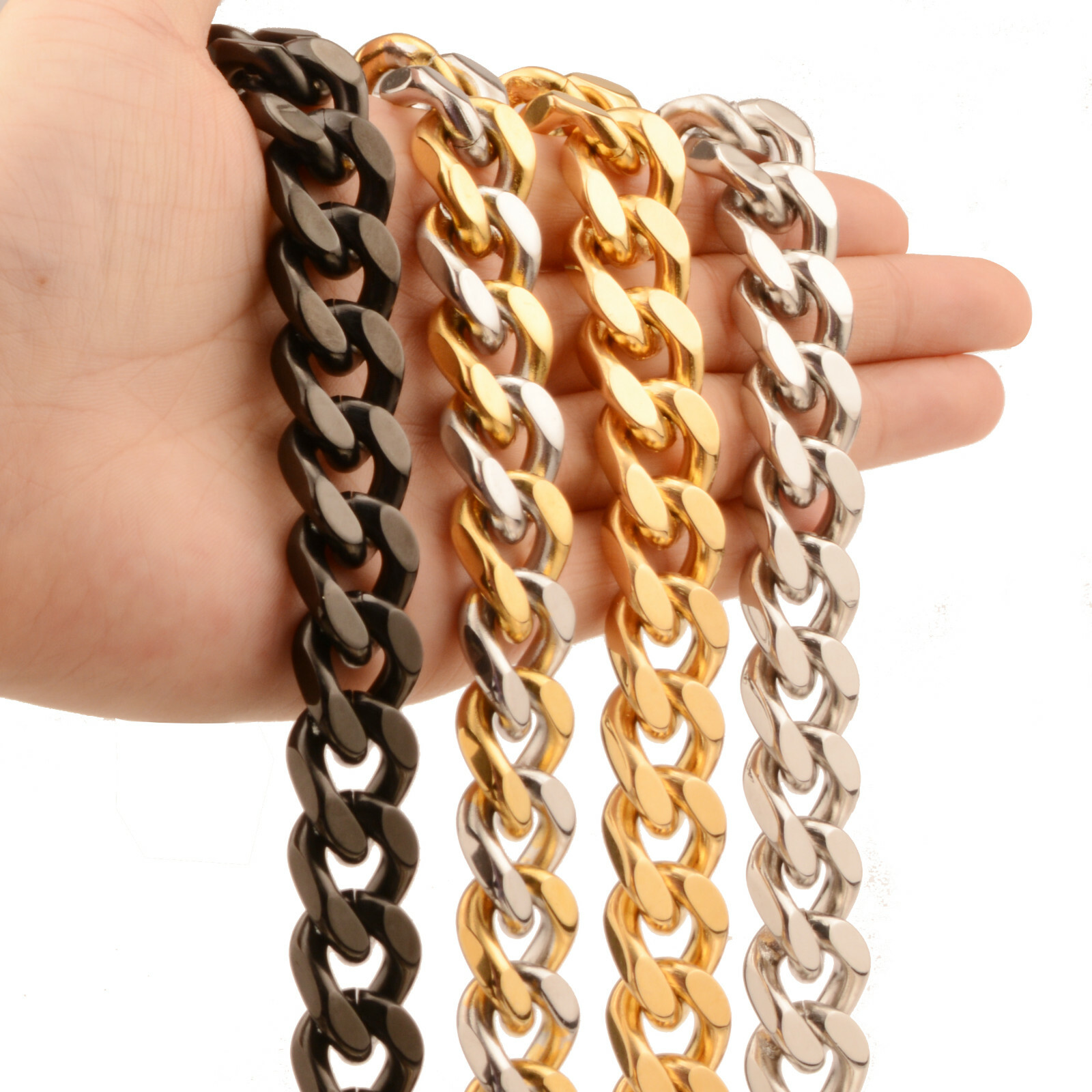 9-15mm Heavy Silver Gold Black Mens Curb Chain Stainless Steel Necklace Bracelet