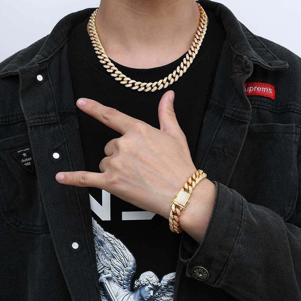 Hip Hop Iced CZ Out Cuban Chain Set Gold Plated Cuban Link Chain Necklace 12MM