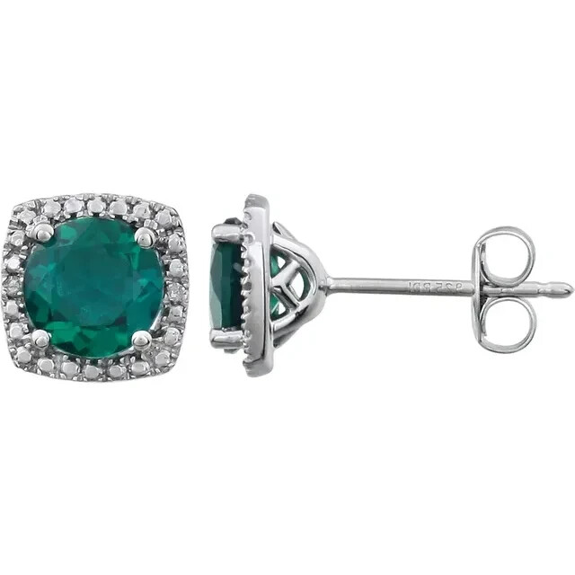 Sterling Silver Lab Created Emerald & .015 CTW Natural Diamond Earrings