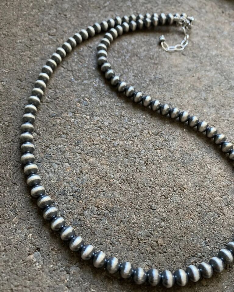6mm 14 Inch 925 Sterling Silver Oxidized Pearls Bead Necklace Southwestern