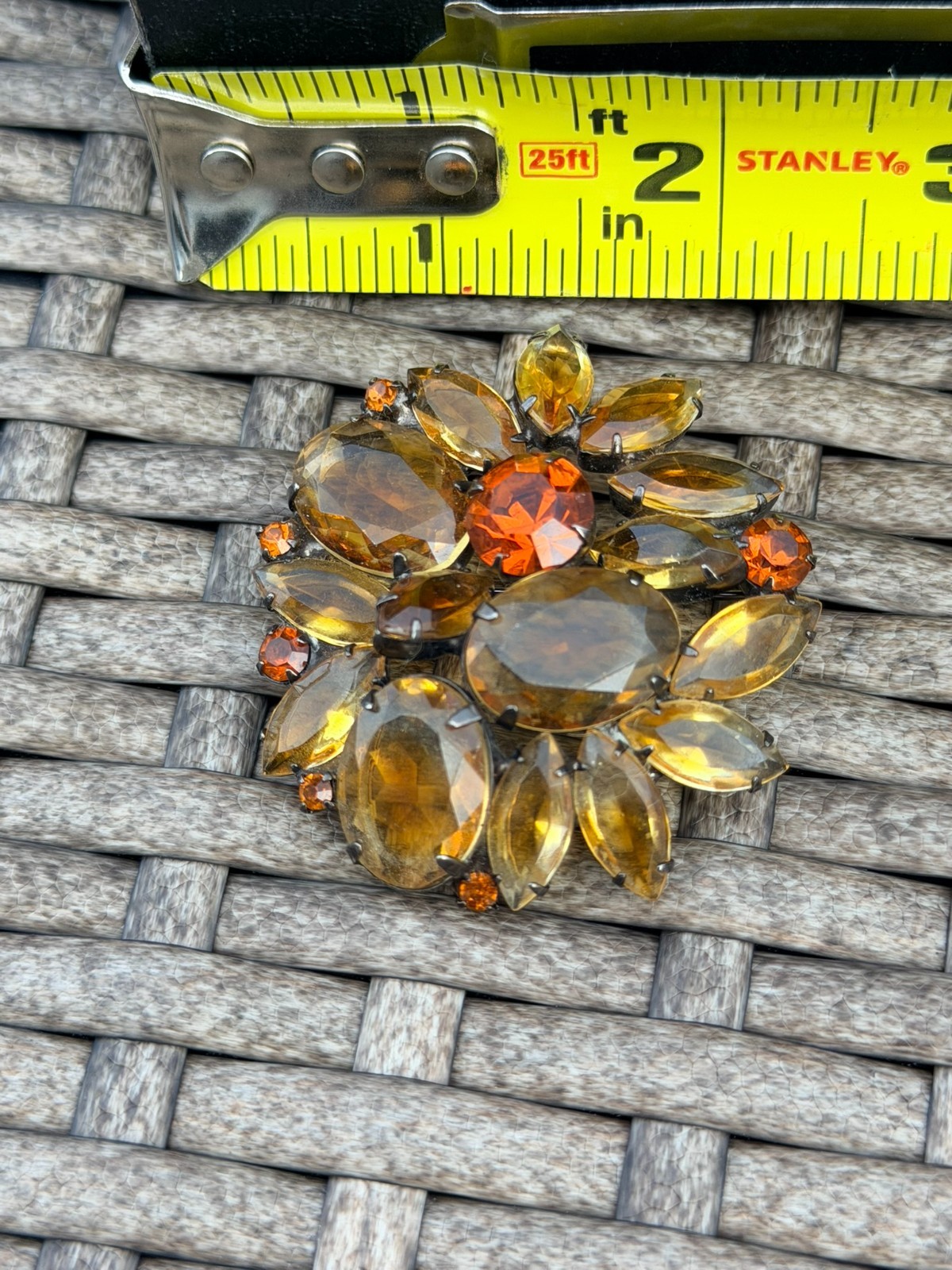 Vintage Unsigned Topaz Amber Rhinestone Floral Brooch 2″ Mid Century Statement