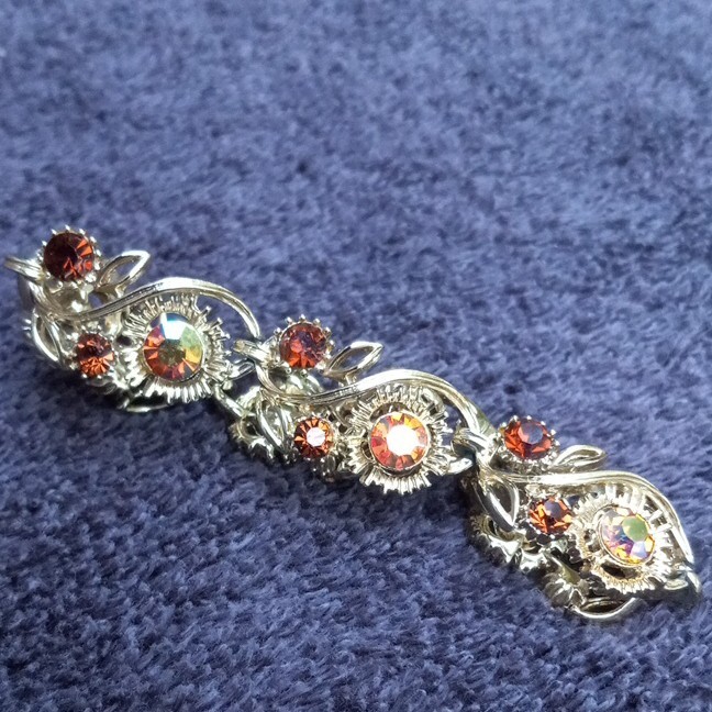 Gold Tone Link Chain Bracelet Amber Orange Round Stones w/ Clasp 7 in