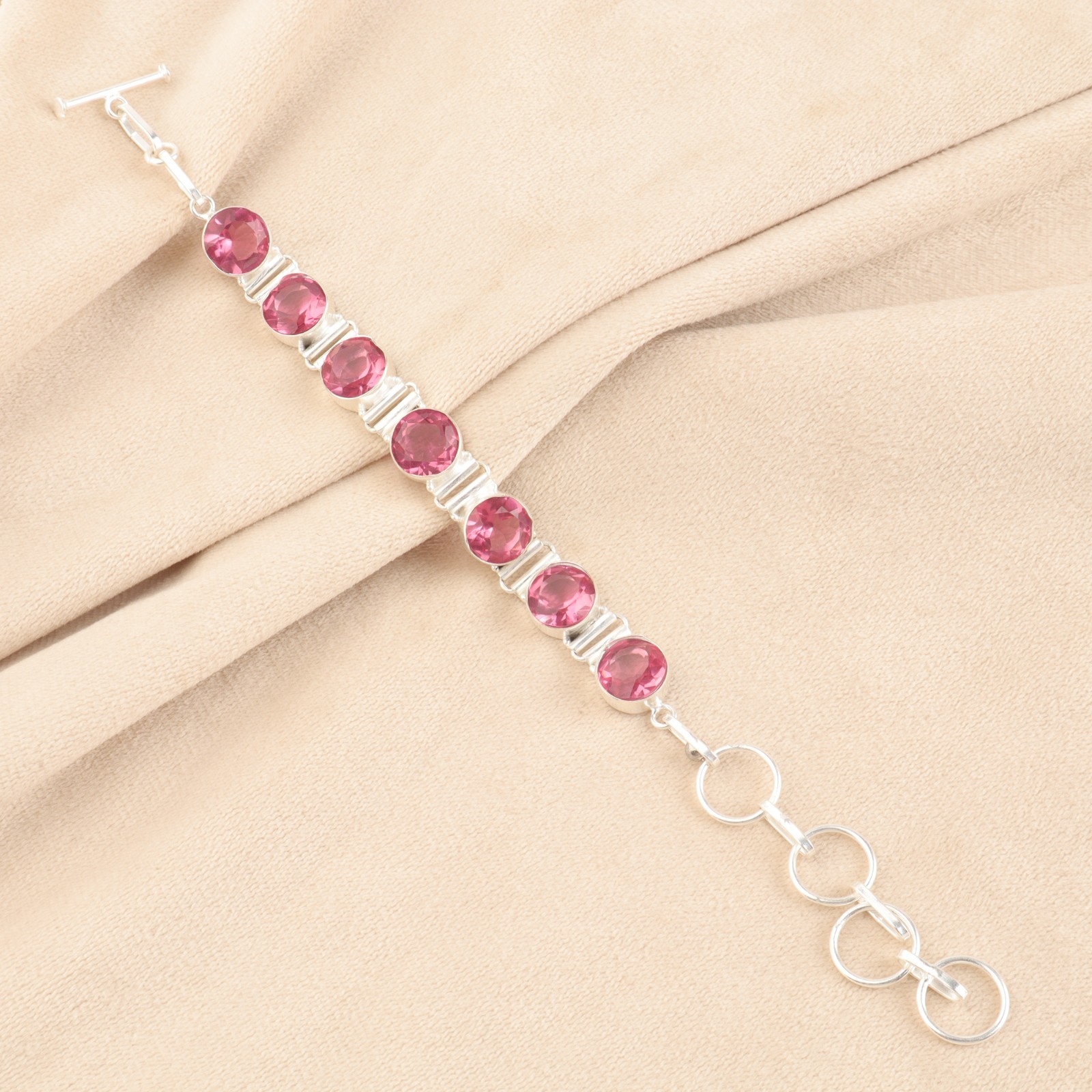 Heart Chakra Pink Tourmaline Stone Chain Bracelet Jewelry 925 Sterling Silver