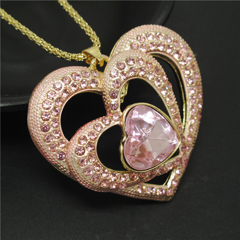 New Fashion Lady Pink Cute Love Beloved Crystal Pendant Women Necklace