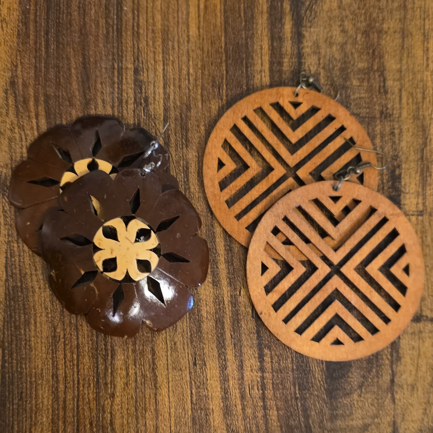 Brown Wood Round Geometric Dangle/Drop Earrings Hook Back, No Stone