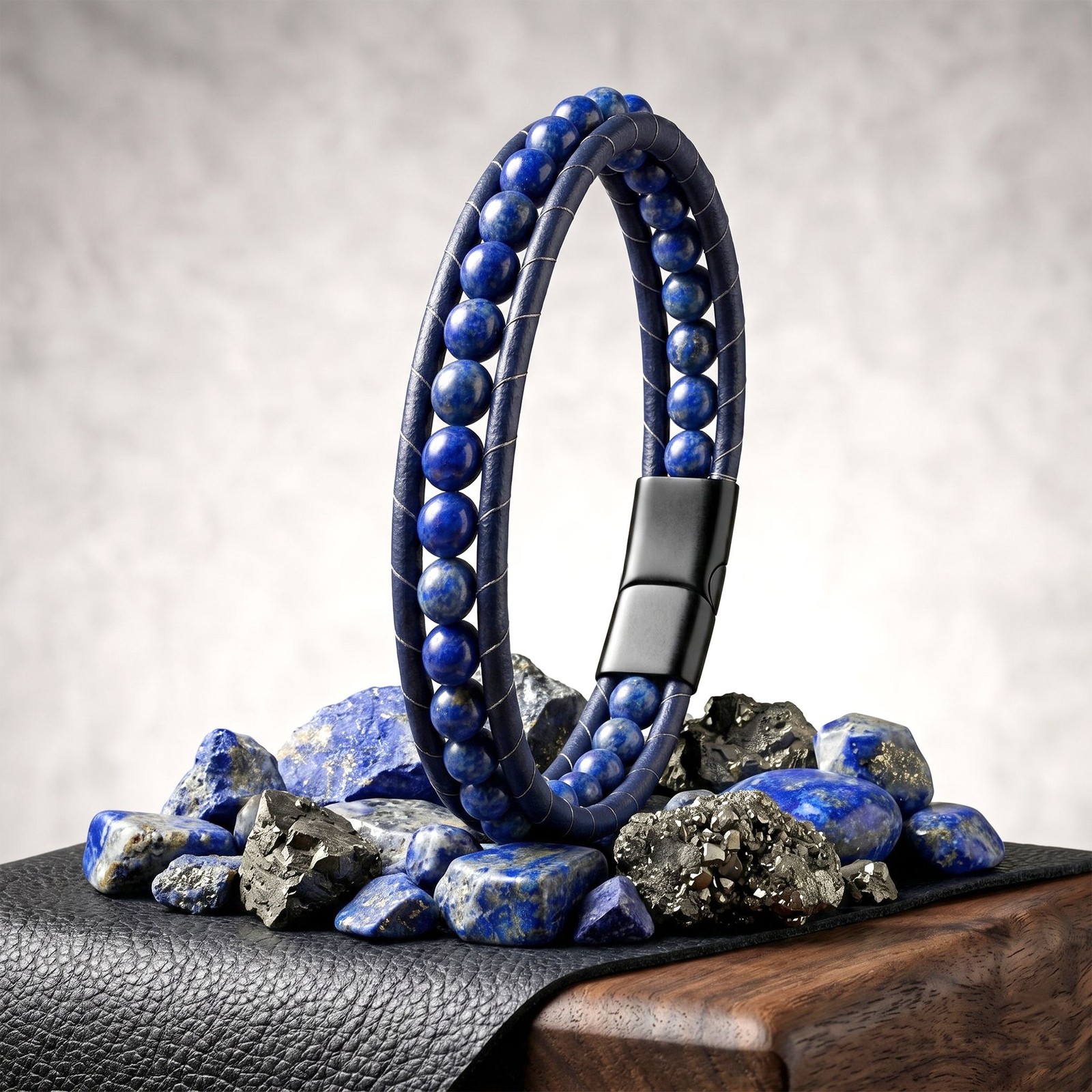 Lapis Lazuli Gemstone Leather Cord & Stainless Steel Men’s Bracelet 6mm