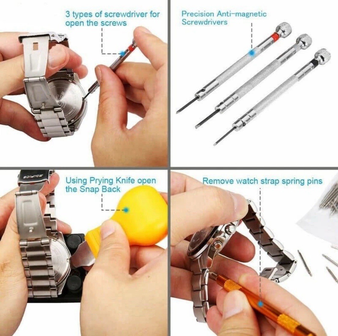 147PC Watch Battery Change Repair Tool Band Pin Remover Back Case Opener 55mm Ki
