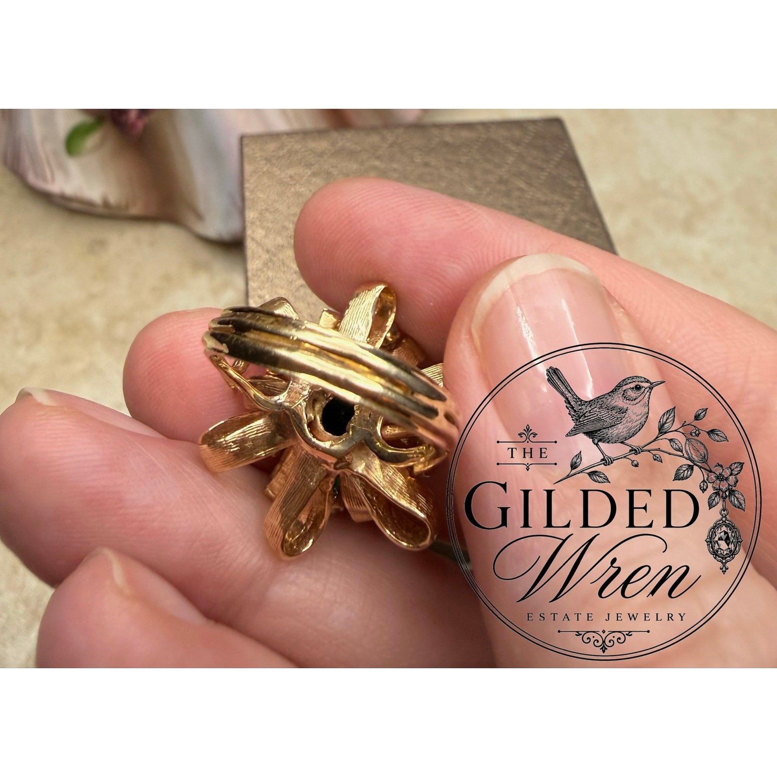 Vintage 14K Gold Hollywood Regency Ribbon Ring | Simulated Emerald 9.28g Sz 6.5