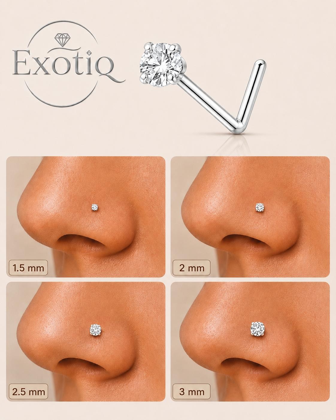 Moissanite Titanium Nose Stud L shape 18 Gauge comes with GRA certificate card