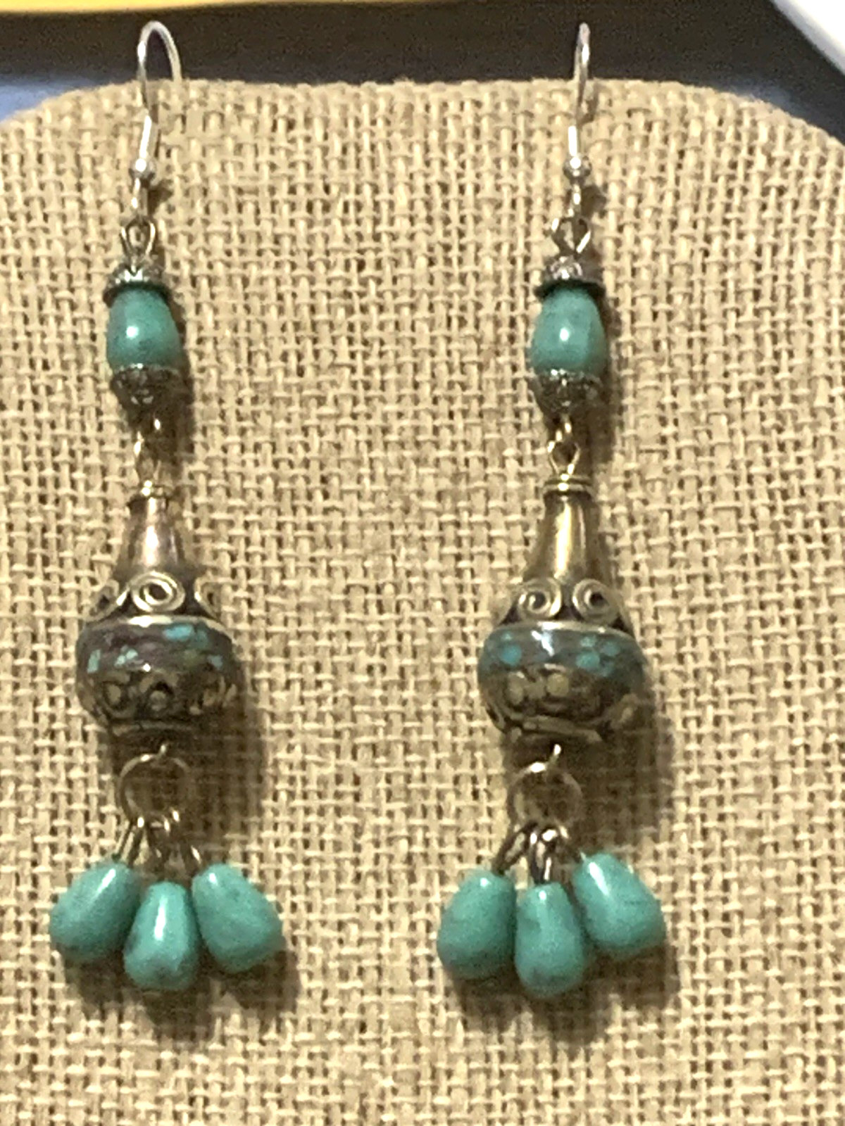NEW ITEM* HANDCRAFTED NEPAL BEAD &TURQUOISE EARRINGS*-.925 STERLING EAR WIRE-NEW