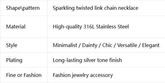 316L Stainless Steel Silver Tone Sparkling Twisted Chain Necklace, Tarnish Resis