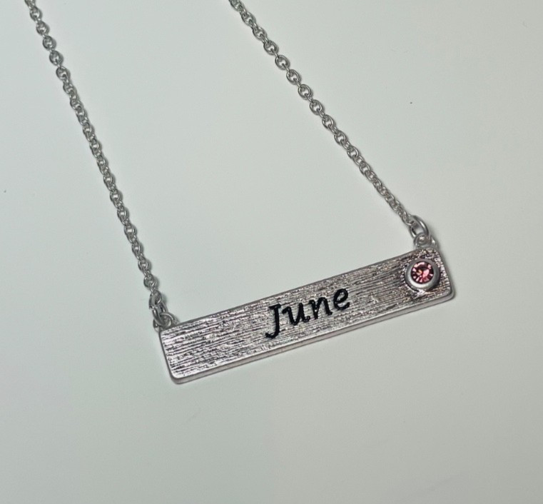 Personalized June Birthstone Necklace Bar Pendant Dainty Silver Plated