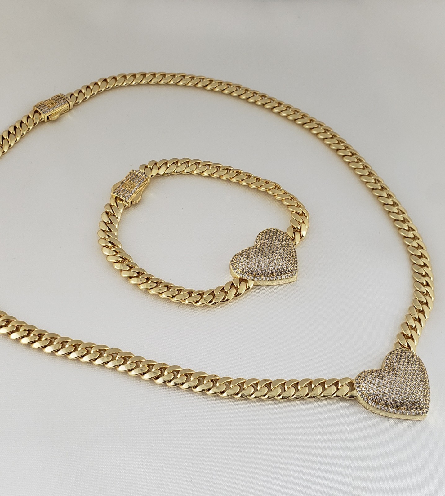 14K Gold Plated Cz Heart Cuban Choker Chain Necklace And Bracelet Set