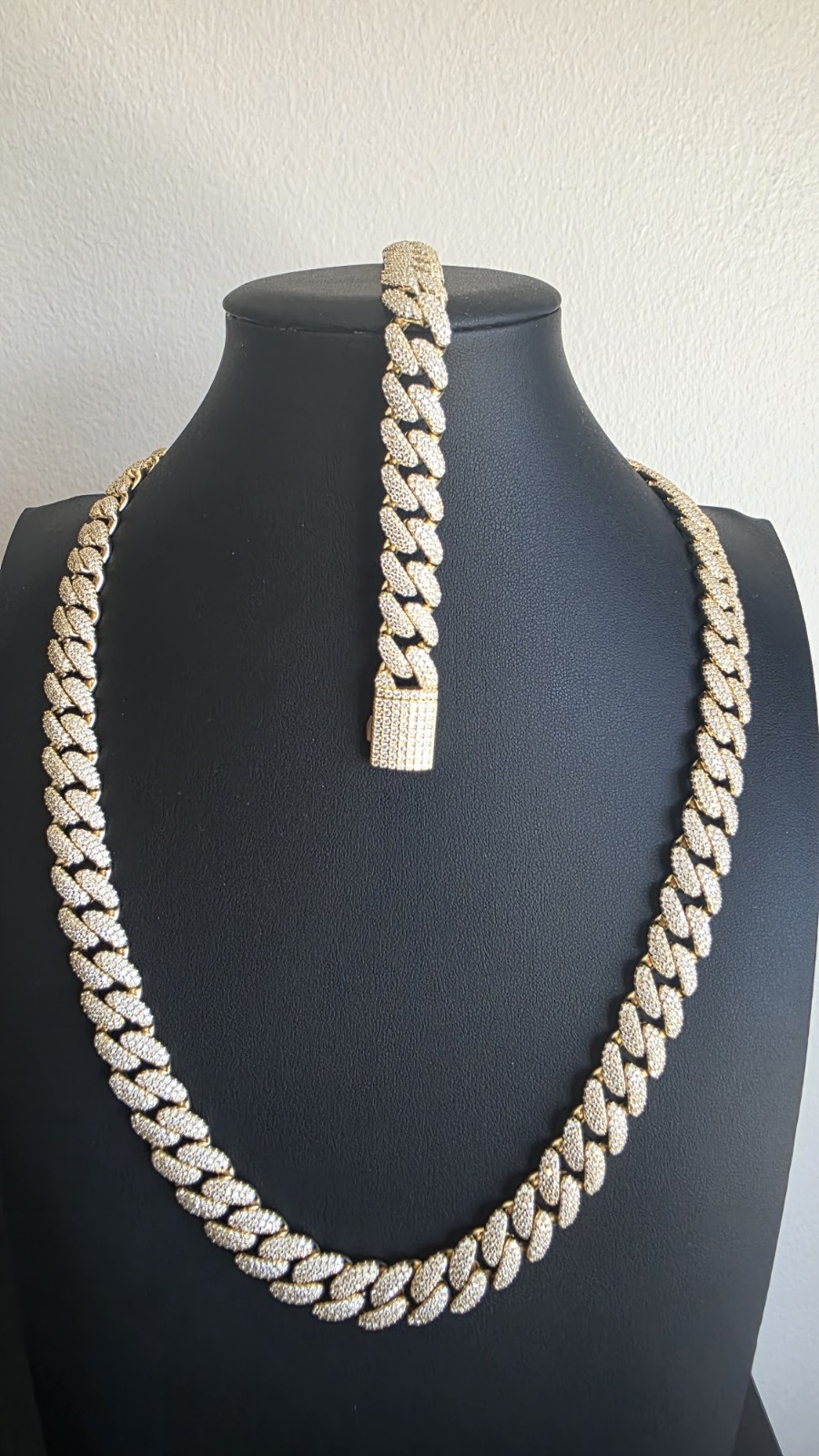 Iced Out Moissanite 12mm Miami Cuban COMBO Chain & Bracelet Gold over 925 Silver