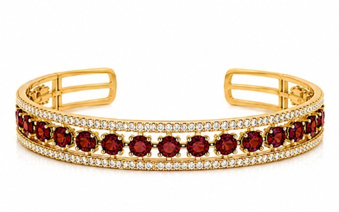 925 Sterling Silver Natural Garnet Moissanite Cuff Bracelet 14K Gold Plated