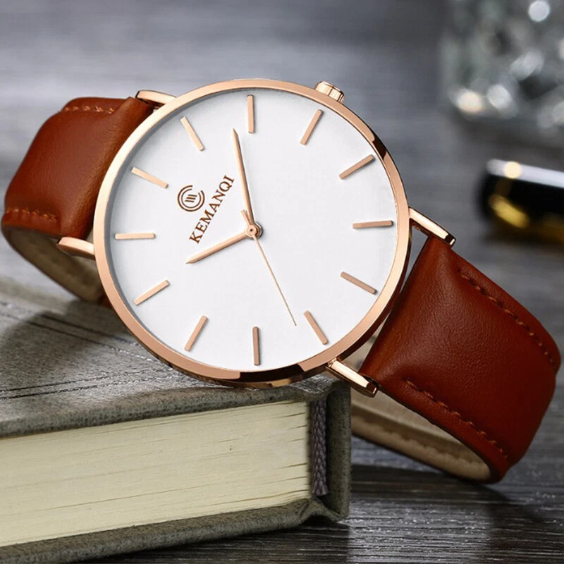 Men Trendy Ultra Thin Minimalist Watch Slim Leather Strap Stainless Steel Quartz