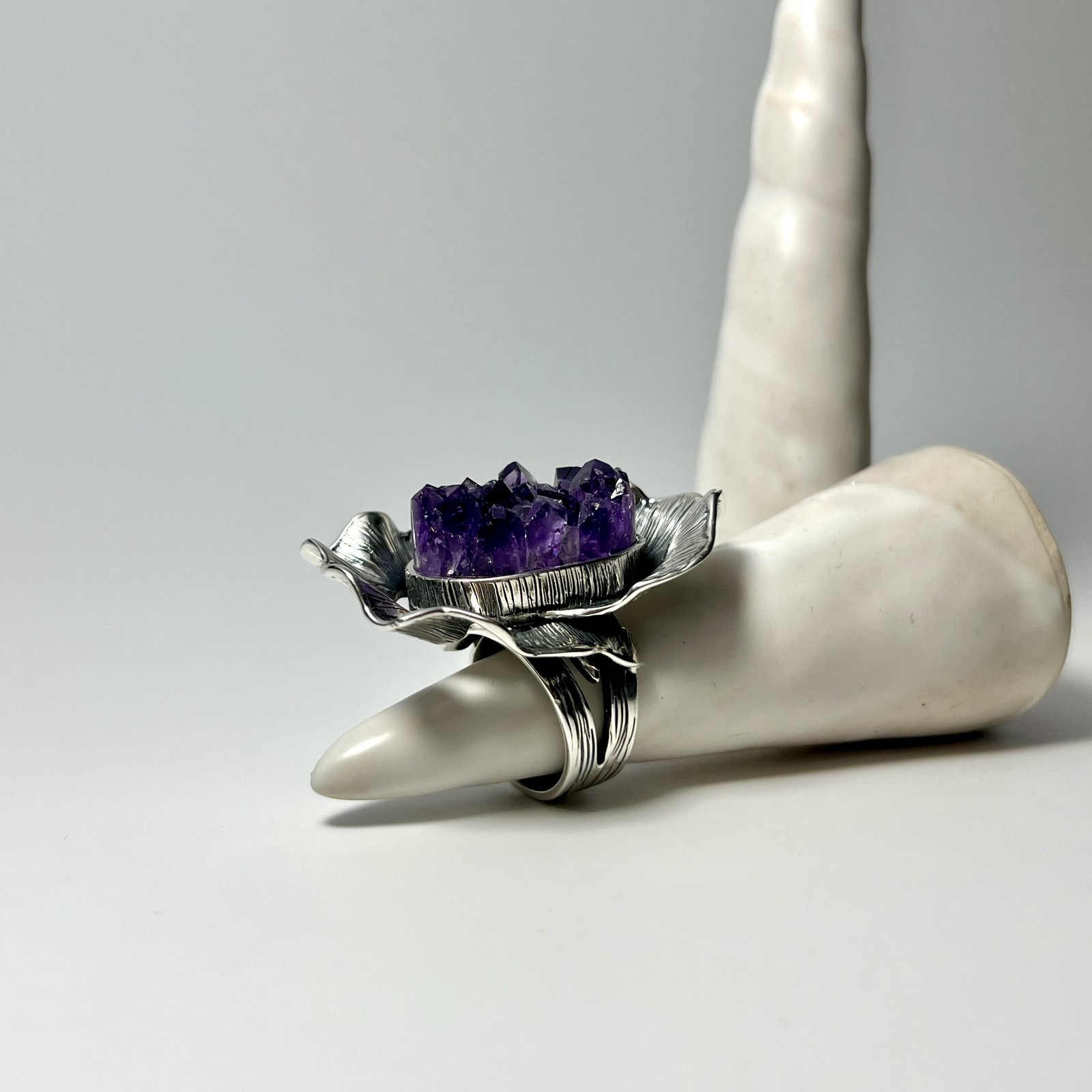 Big flower Raw Amethyst Ring Sterling Silver Purple Druzy large ring, Armenia