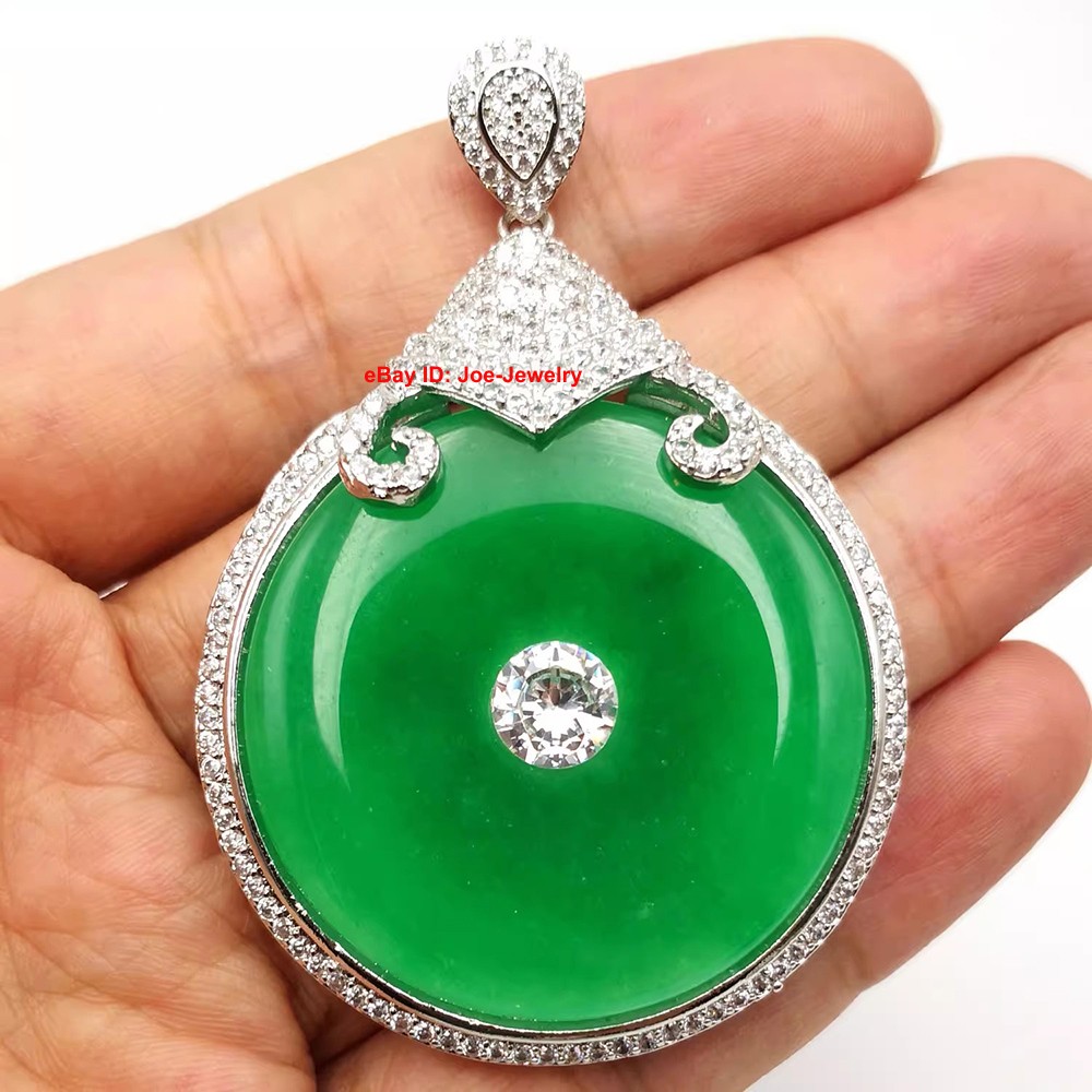 New White Plated Alloy Heated Green Jade Safe-Circle Pendant Best Gift 平安扣