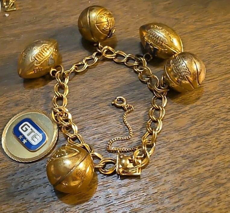 1940s & 1950s 12K GF Spartan Charm Bracelet Gold Football Basketball GTE Charm
