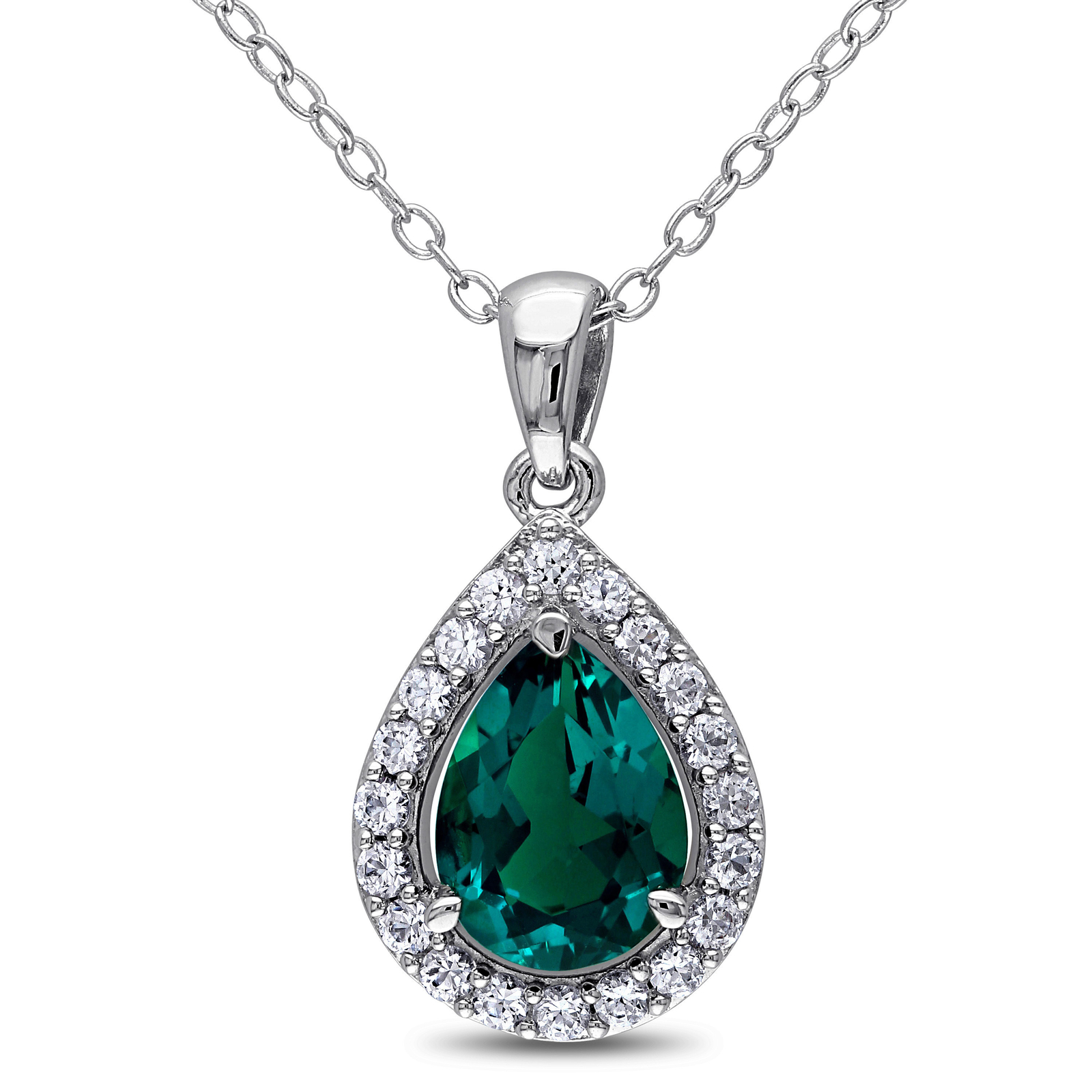 Amour Silver Created Emerald & Created White Sapphire Teardrop Halo Pendant