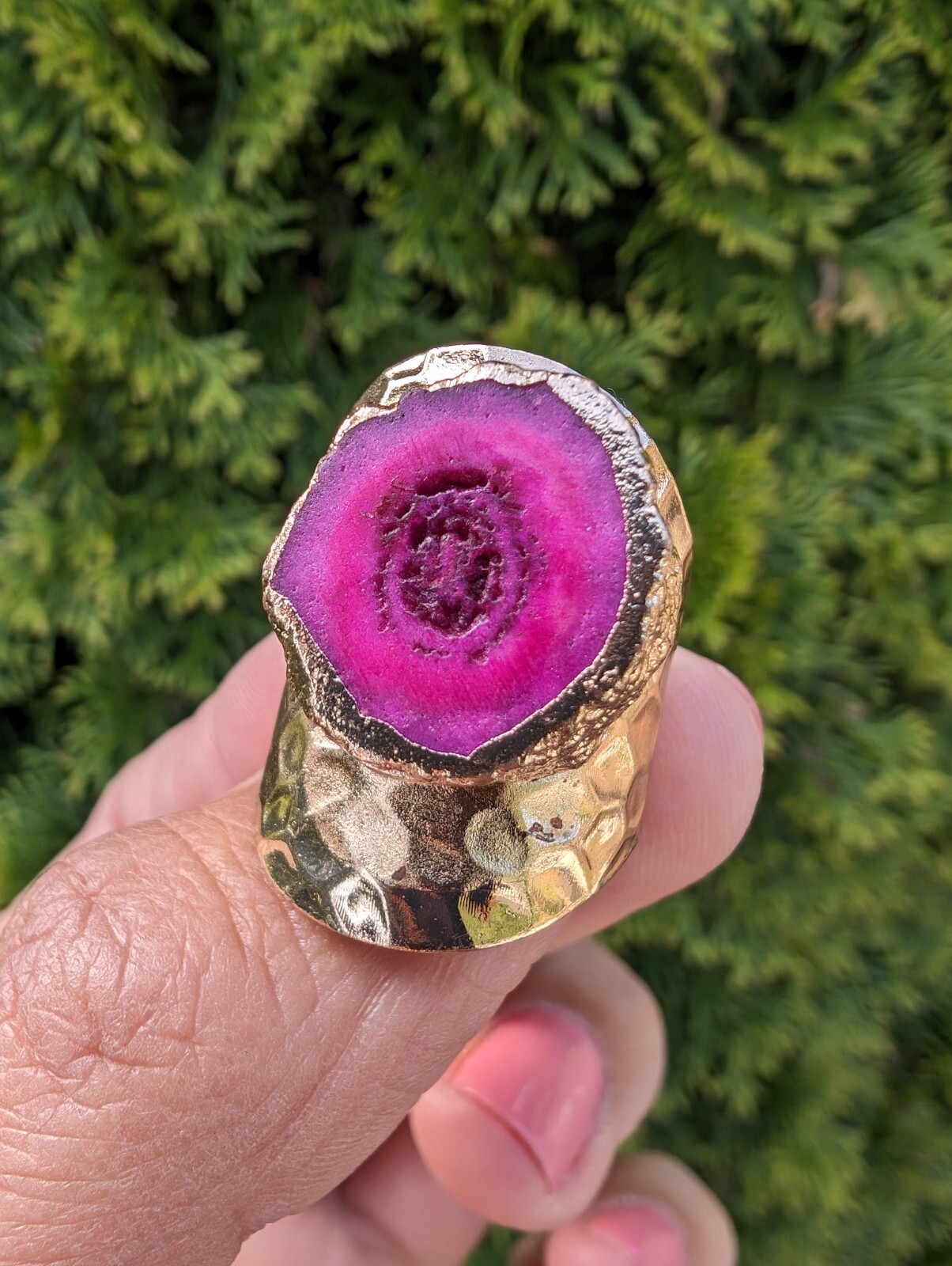 Artisan Handmade In Morocco Adjustable Pink Geode Wide Band Gold Ring Size 9.25