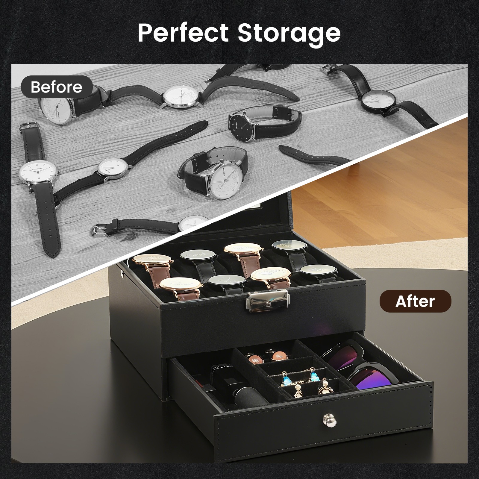 3/6/8/10/12/24 Slots PU Leather Watch Box Organizer Jewelry Display Storage Case