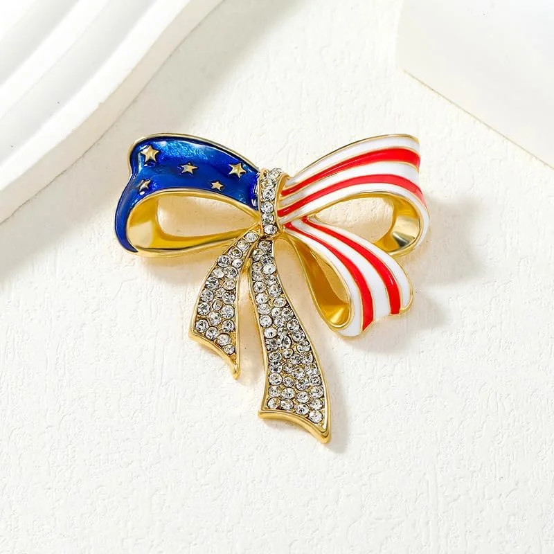 Rhinestone American Flag Medal Pin, Bowknot USA Flag Brooch, Vintage Patriotic