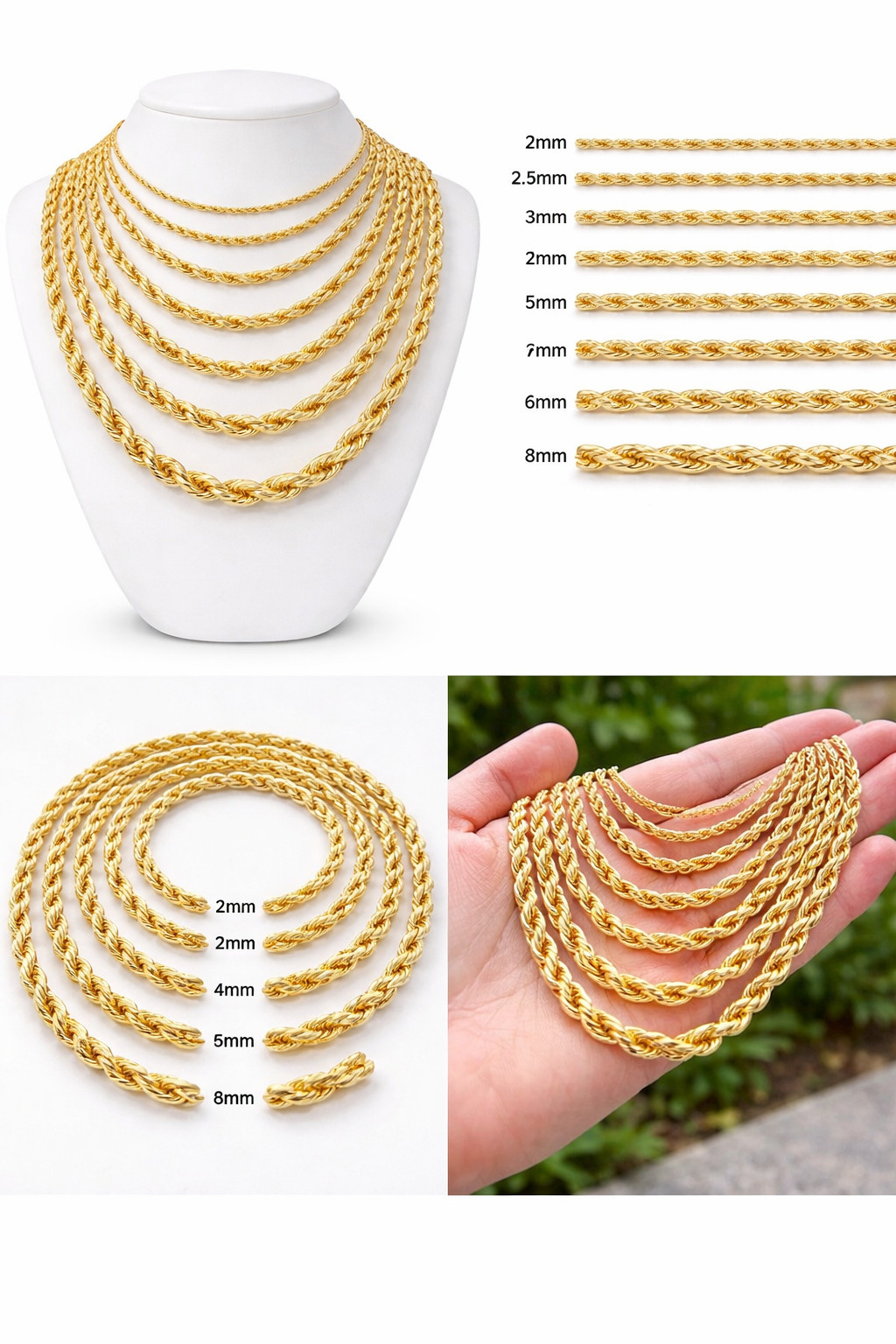 10k Real Gold Rope Chain 2mm 2.5mm 3mm 4mm 5mm 6mm 7mm 8mm 18-30 Inch Men Women