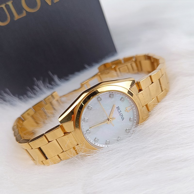 Bulova Surveyor 97P172 Gold Tone Pearl Dial Diamond Quartz Women’s Watch 31mm