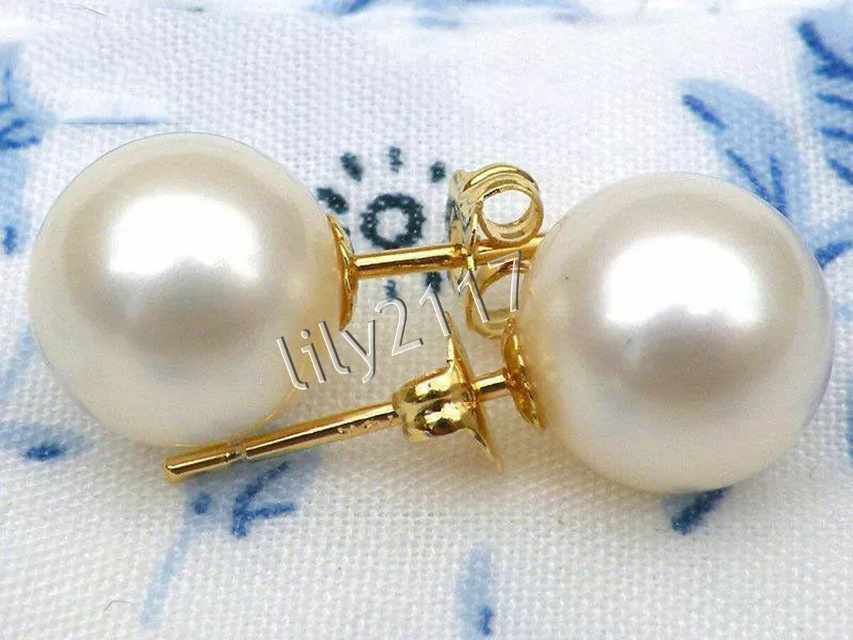 11-12MM PERFECT AAA NATURAL REAL WHITE ROUND PEARL STUD EARRINGS 14K YELLOW GOLD