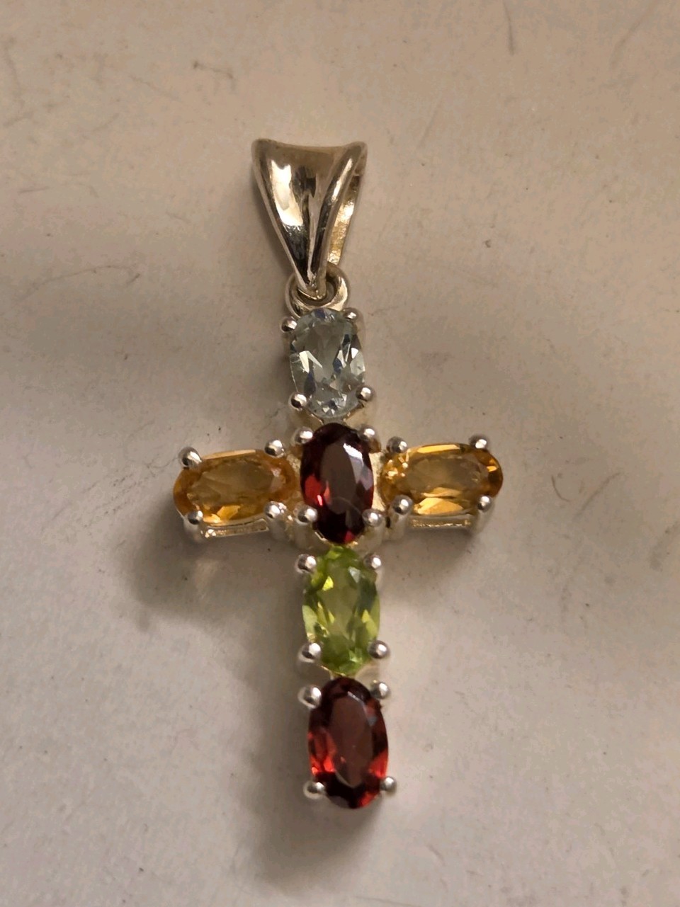 Sterling Silver STS 925 Oval-Cut Multi-Gemstone Cross Charm Pendant