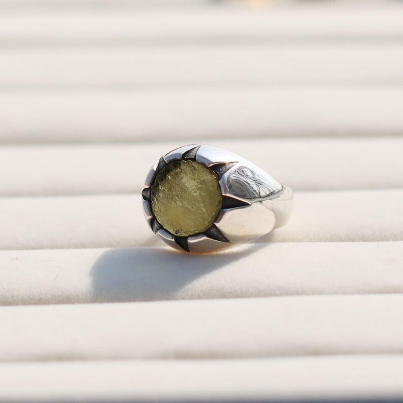 Czech Republic Moldavite Gemstone Rings, 925 Sterling Silver Raw Gemstone Ring