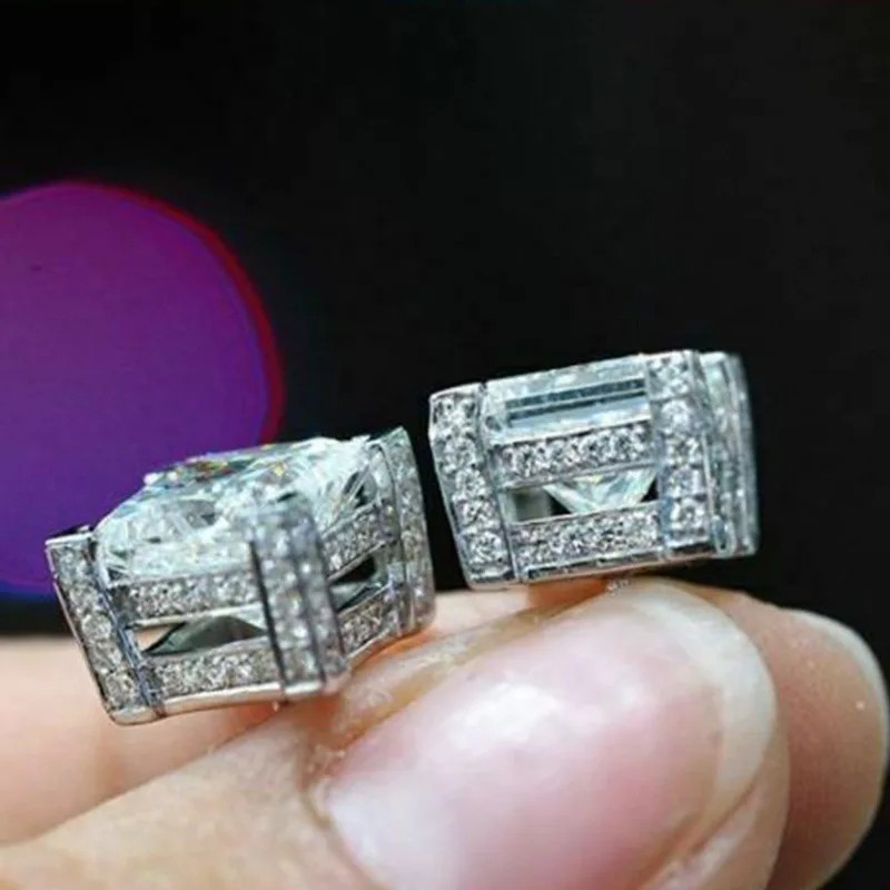 White Gold Princess Cut Diamond Stud Earrings Classic Minimalist Unisex Jewelry