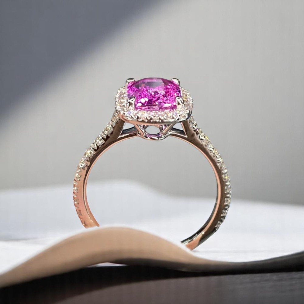 Wedding Ring 2.80 Ct Lab Grown Diamond Cushion Cut Pink Sapphire 14k White Gold