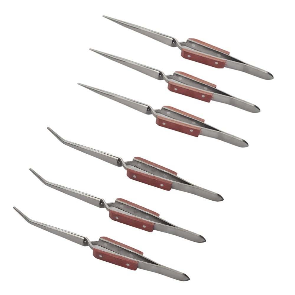 Set of 6 Cross Lock Fiber Grip Tweezers Self Closing 6-1/2″ Bent & Straight Tip